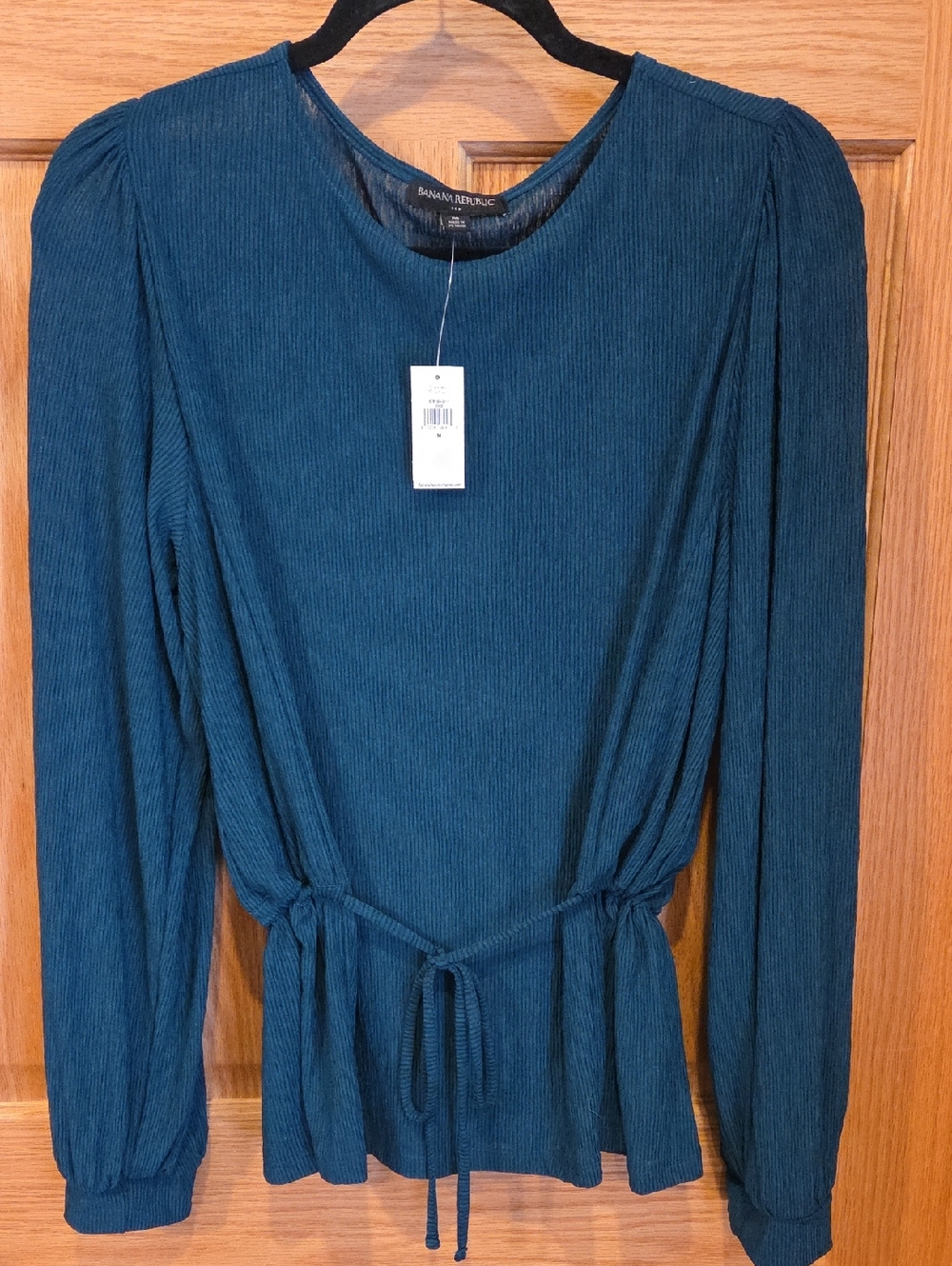 Banana Republic Teal Ribbed Long-Sleeve Tie-Waist Top